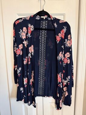 Maurices Navy Cardigan with Coral Floral Accent and Lace Back - Size S (fits M)